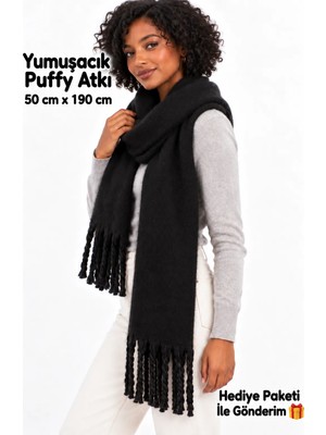 Bermody Puffy Siyah Atkı Şal Yumuşak Dokulu Kadın Omuz Şalı  50 x 190 cm