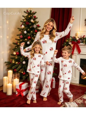 NiCe İç Giyim Anne Kız Çocuk Beyaz Renk Bisiklet Yaka Yılbaşı Desenli Pijama Takımı Thermal Ultra Soft Kumaş (Ayrı Ayrı Satılır)
