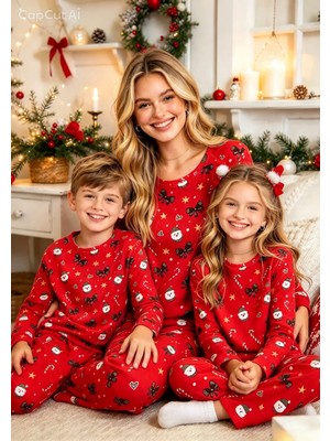 NiCe İç Giyim Anne & Kız Çocuk Uyumlu Pijama Takım ( Ayrı Satılır) Bisiklet Yaka Yılbaşı Desenli Kırmızı Özel Tasarım Rahat ve Şık Ev Giyimi Thermal Ultra Soft Kumaş