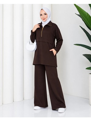 Caddebostan Moda Kadın Yarım Fermuarlı Polo Yaka Cepli Tunik Bol Paça Pantolon Ikili Tesettür Takım