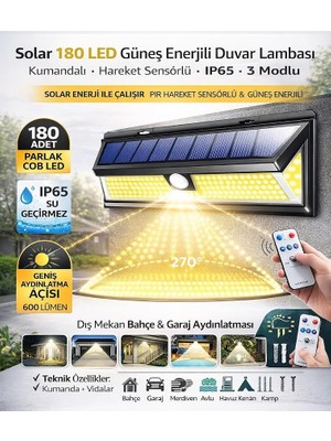 Ahes 180 LED Güneş Enerjili Duvar Lambası, Kumandalı, Hareket Sensörlü, IP65 Su Geçirmez, 3 Modlu, Dış Mekan Bahçe & Garaj Aydınlatması