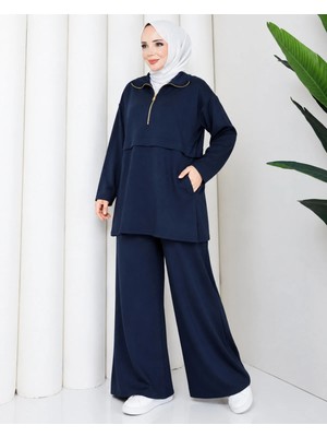 Caddebostan Moda Kadın Yarım Fermuarlı Polo Yaka Cepli Tunik Bol Paça Pantolon Ikili Tesettür Takım