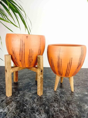 Ahes Tasarımı Ev Dekorasyon Siyah Çizgi Desenli Terrakota Toprak Saksı Saksılık Salon Çiçeklik Ikili Set 3 Ayaklı- 4 Ayaklı- 15 cm