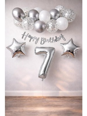 Ahes Konsept Dogum Gunu Kutlama Seti Beyaz Gumus Konfetili Balon Rakam Yıldız Folyo ve Banner (7 Yaş)