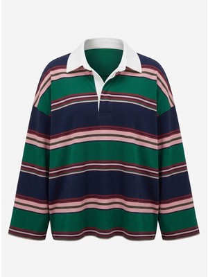 Magarde Polo Yaka Premium Çizgili Sweatshirt- Yeşil