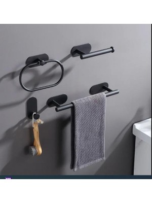 Ahes Kendinden Yapışkanlı 304 Paslanmaz Çelik Yuvarlak Havluluk, Tuvalet Kağıtlığı, Asklık ve Uzun Havluluk 4'ü 1 Arada Banyo Aksesuarı Seti, Duvara Montaj, Banyo, Mutfak Için (Mat Siyah)