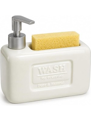 Ahes Seramik Süngerlikli Sıvı Sabunluk 500 ml - Pompalı Deterjanlık - Entegre Sünger Hazneli Mutfak ve Banyo Dispenseri - 18,5 x 7,5 x 10,5 cm Şık Tezgah Üstü Düzenleyici(Krem)