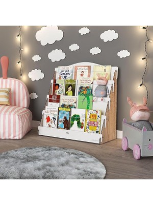 Ahes Montessori Ahşap Çocuk Odası 4 Raflı Kitaplık (Meşe - Beyaz)