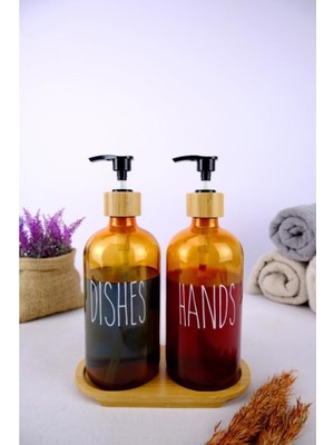 Ahes 2’li Ahşap Standlı Cam Sıvı Sabun ve Bulaşık Deterjanı Şişesi Sabunluk Amber 500 ml - D/11 C1-1-289