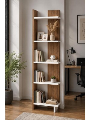Ahes Ceviz Renk Dekoratif Kitaplık ve Çok Amaçlı Raf Ünitesi | Modern Salon Kitaplığı | Açık Raf Sistemi