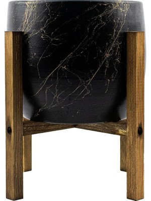 Ahes Tasarımı Ev Dekorasyon Aksesuar Siyah Üzeri Gold Mermer Efektli Toprak Saksı Saksılık Salon Çiçeklik 4 Ayaklı - 19 cm