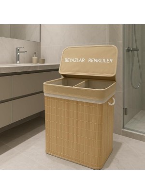 Ahes Bambu Beyazlar/renkliler Ayrı Bölmeli Çamaşır Kirli Sepeti 52X32X60CM 100 Litre Büyük Boy (Sarı)