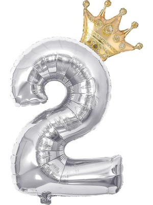 Ahes Gitti Gümüş 2 Rakam ve Gold Kral Tacı Folyo Balon Doğum Günü Parti Kutlama Seti