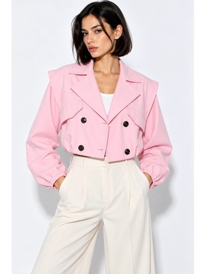 Mevese Kruvaze Yaka Lastikli Kadın Crop Trençkot Cep Detaylı - Pembe