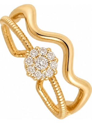 Nes Design Çiçek Figür Taşlı Dalgalı Gold Serçe Parmak Yüzüğü