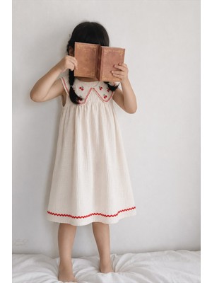 Cigit Müslin Nakışlı Elbise Kız Çocuk 2-5 Yaş Naturel Maxi Stil Özel Olay