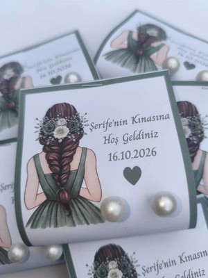 The Bıggest Impact 48 Adet Kişiye Özel Isimli Kına Hediyeliği - Yeşil Konsept Incili Küpe ve Hijyenik Kına Seti