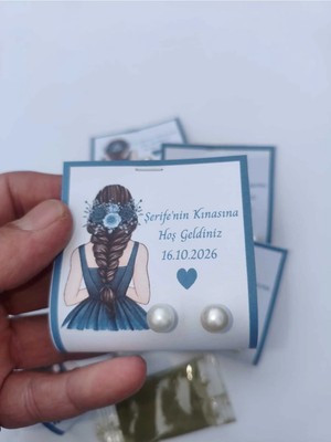 The Bıggest Impact 48 Adet Isim Yazılı Kişiye Özel Kına Hatırası - Inci Küpe Hediyeli, Mavi Elbiseli Hijyenik Kına Kına Düğün Nişan