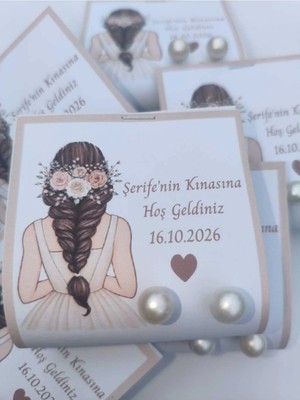 The Bıggest Impact 100 Adet Kişiye Özel Isim Yazılı Kına Gecesi Hediyeliği - Krem Konsept Incili Küpe ve Ambalajlı Hijyenik Toz Kına Seti