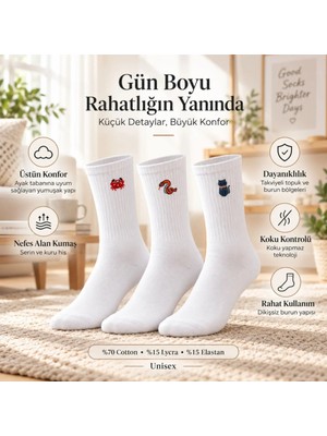 Beruflic Unisex Çorap Beyaz Hayvan Nakışlı 3'lü Set Yengeç Yılan Kedi Desenli Uzun Soket Günlük Spor