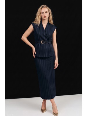 Sateen Çizgili Maxi Boy Etek - Lacivert