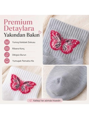 Beruflic Kadın Kelebek Desenli Kısa Konç Çorap 6'lı | %80 Pamuklu Dikişsiz, Siyah Beyaz Gri Under Moda