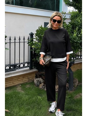 Trend Cojans Kadın Truvakar Kollu Bisiklet Yakalı Çift Renkli Viskon Iki Iplik Bluz ve Pantolon Ikili Takım