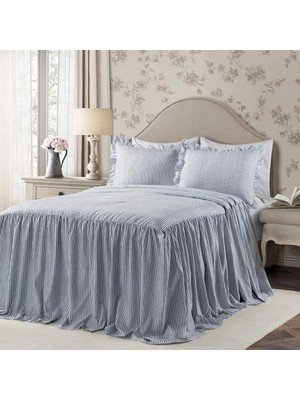 Odea Ticking Çizgili Yatak Örtüsü Lacivert Vintage Şık Çiftlik Evi Tarzı Hafif 3 Parça Set King, Polyester