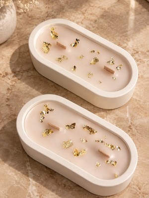 2li Oval Model Ahşap Fitil Mum Set