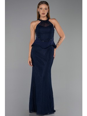 Abiyefon Halter Yaka Peplum Uzun Dantel Abiye Elbise ABU6425