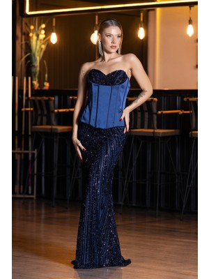 Abiyefon Straplez Portatif Korse Detay Uzun Pullu Abiye ABU6556