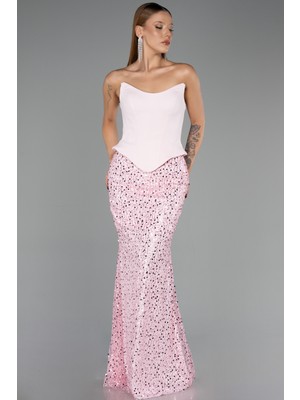 Abiyefon Straplez Peplum Kesim Eteği Pullu Uzun Abiye ABU6546