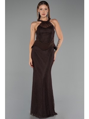 Abiyefon Halter Yaka Peplum Uzun Dantel Abiye Elbise ABU6425