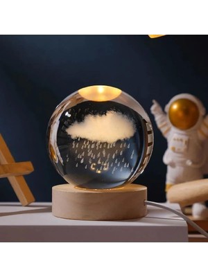Mythriva Coverzone Ahşap Standlı Cam Küre Işıklı Göz Yormayan Rain Yağmur ve Bulut Motifli Masaüstü Aydınlatma Gece Lambası Dekoratif Çocuk Odası Salon Yatak Odası Lamba 6cm x 6cm (Rain)