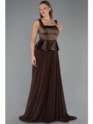 Abiyefon Saten Kare Yaka Peplum Uzun Şifon Abiye Elbise ABU6568