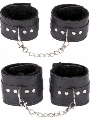 Mythriva Sınırsızmarket Siyah Deri Kelepçe Seti, Peluş Astarlı, Metal Zincirli, Bileklik ve Ayak Bileği Kelepçesi, 2'li Set