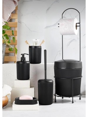Mythriva 6 Parça Modern Banyo Seti, Çöp Kovası, Tuvalet Kağıtlığı, Tuvalet Fırçası, Sıvı ve Katı Sabunluk, Diş Fırçalık Dahil, Banyo Aksesuarları (Siyah)