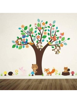 Mythriva Tr Çocuk Odası Renkli Ağaç Orman Tilki Maymun Ayı Kirpi Tavşan Duvar Süsleme Sticker Pvc