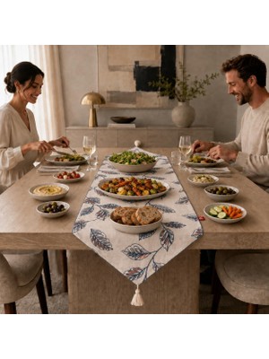 Mythriva Tr Tek Runner Iki Farklı Yüz, Çift Taraflı Kullanım 45 x 150 Cm, Desenli ve Düz Iki Yüzlü Runner, Püsküllü Dekoratif Masa Örtüsü