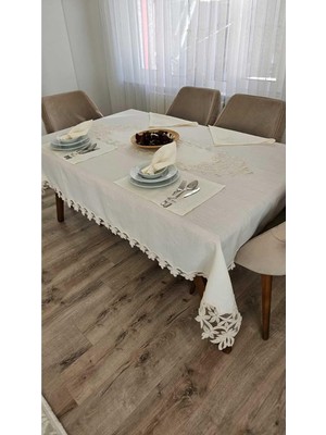 Mythriva Tr Gardenya Keten Lüx Sofra Takımları 38 Parça Amerikan Servisli Setli Ekru Defne 160 x 240