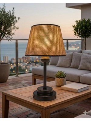 Mythriva Tr Iki Kat Ayaklı Siyah Statik Boyalı Abajur Kahverengi Rattan Şapkalı