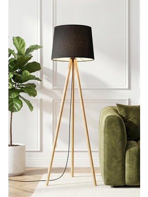 Mythriva Tr Woody Tripod Siyah Kumaş Zemin Lambaderi, Kumaş Başlıklı Ayaklı Lamba ve Salon Oturma Odası Aydınlatması - Modern Dekoratif Yer Lambası