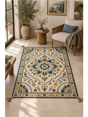 Rugs Modern Halı Sdtplus Vintage Madalyon Botanik Desenli Ince Dokuma Taban Salon Halısı OZL233