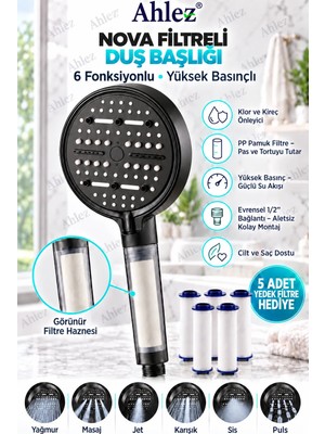 Ahlez Nova Filtreli Duş Başlığı ve 5 Yedek Filtre | Su Arıtmalı, Klor ve Kireç Önleyici