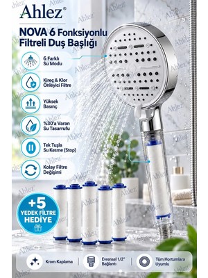 Ahlez Nova Beyaz Filtreli Duş Başlığı 5 Yedek Filtre Su Arıtmalı, Klor ve Kireç Önleyici, Yüksek Basınçlı