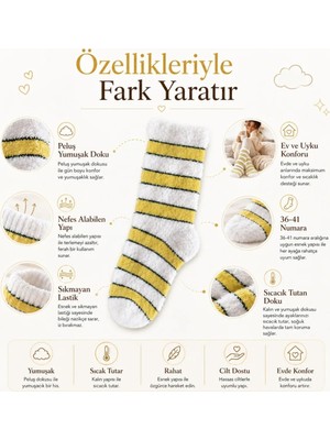 Çamaşır Kenti Peluş Çizgili Kadın Uyku Çorabı 36-40 Yumuşak Sıcak Tutan Sıkmayan Ev Çorabı Sarı Beyaz