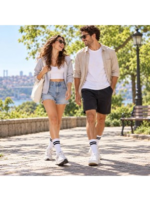 Çamaşır Kenti Unisex Beyaz Çorap Siyah Çizgili 9'lu Set Uzun Soket Günlük Spor Kolej Stil Kadın Erkek Çorab�