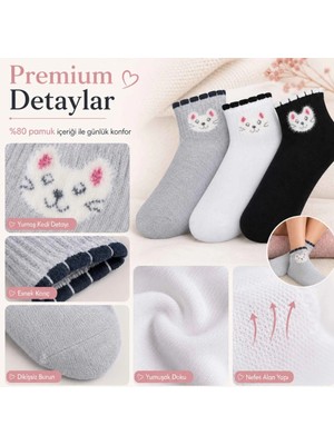 Beruflic Kadın Kedi Desenli Kısa Konç Çorap 6'lı | %80 Pamuklu Dikişsiz, Siyah Beyaz Gri Under Moda