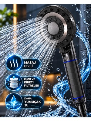 Zenviaa Mey Ithalat® Filtreli Duş Başlığı 5 Fonksiyonlu Masaj Etkili Klor ve Kireç Filtreli