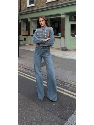 Nido Moda Kadın Mavi Denim Askeri Düğme Detaylı Dik Yaka Kot Ceket